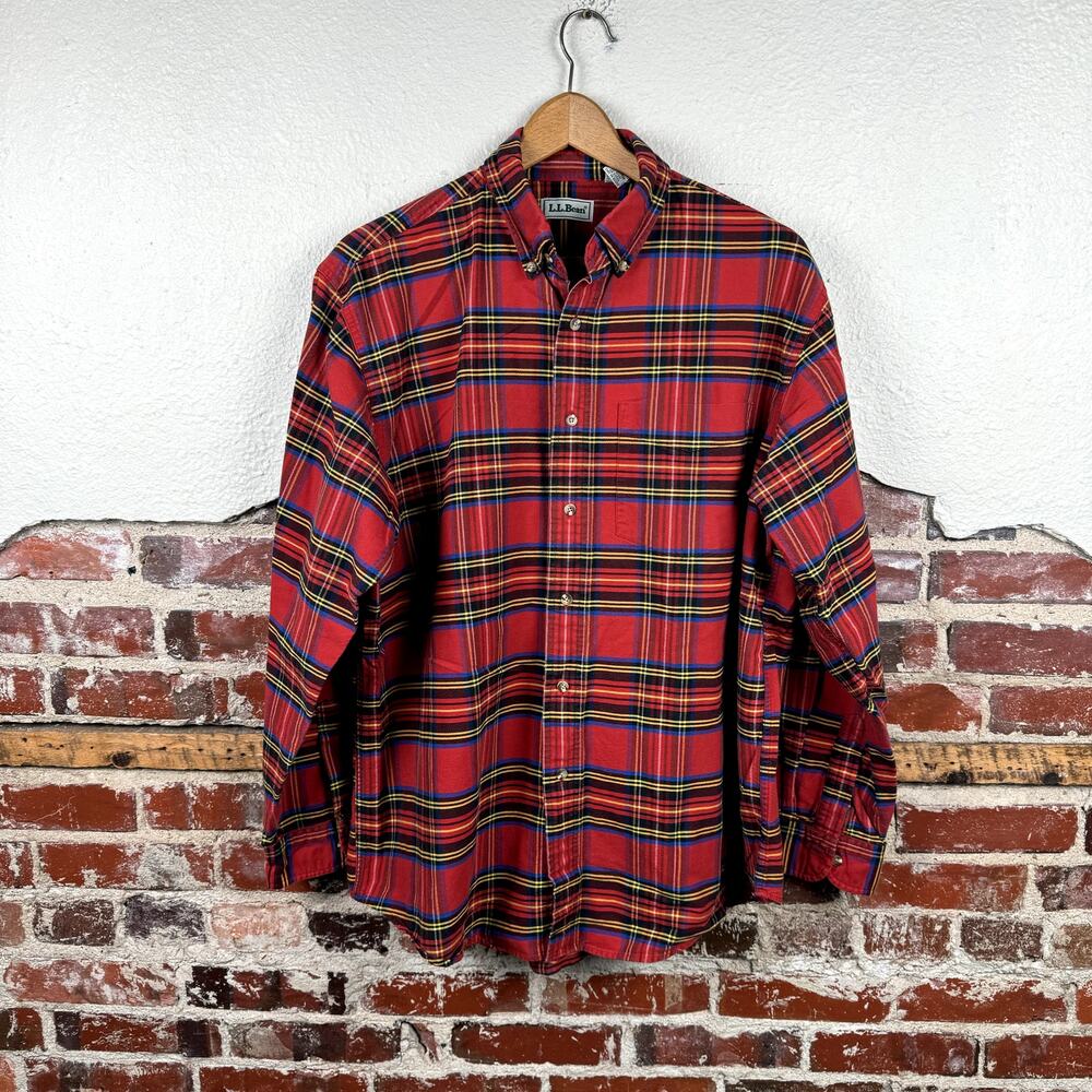 Vintage LL Bean Shirt Size Large Red Plaid Cotton Long Sleeve Button Up Classic